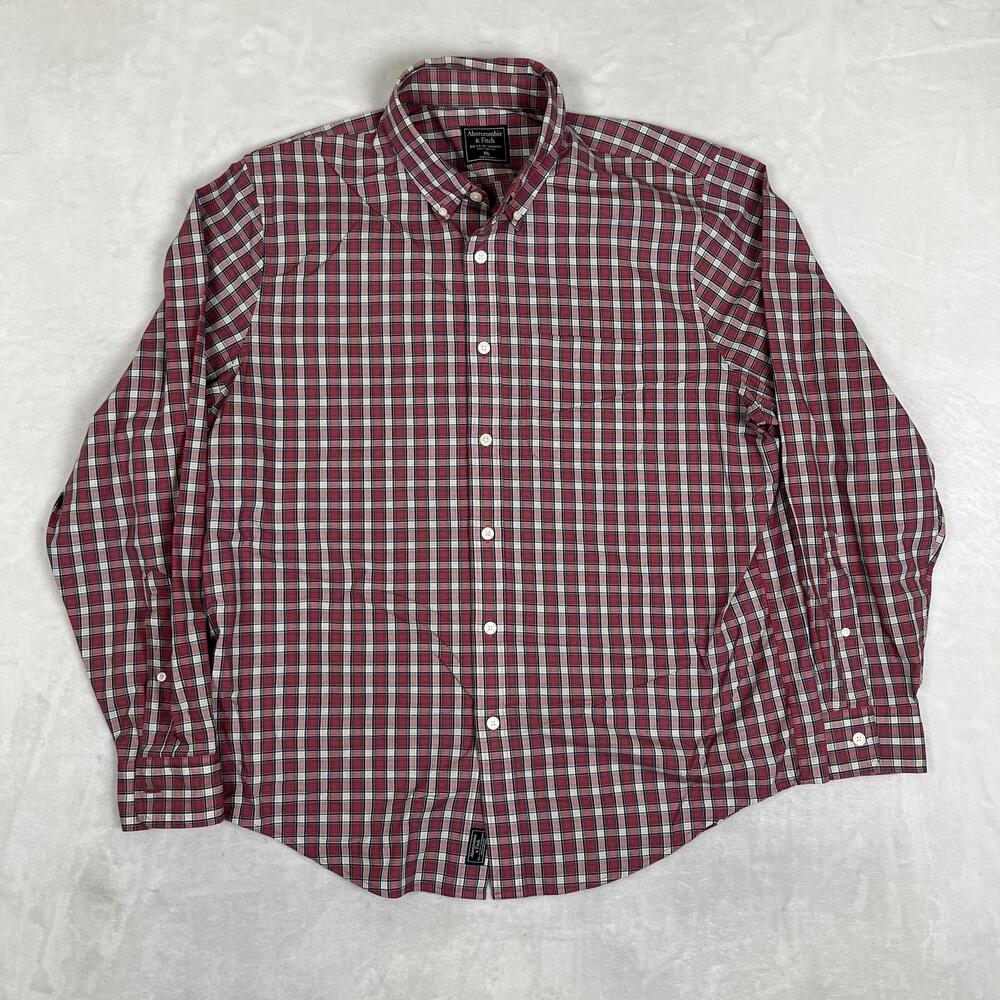 Abercrombie & Fitch Shirt Mens 2XL Red Plaid Long Sleeve Button Front Casual
